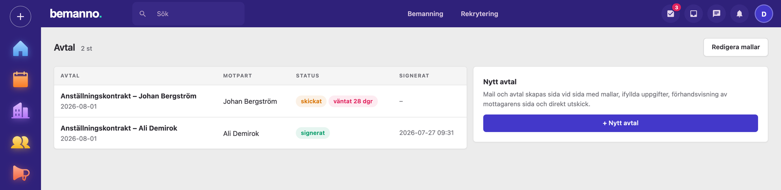 Avtalsvyn i Bemanno med e-signeringsstatus: skickat, väntat och signerat med tidsstämpel