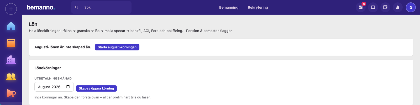 Lönemodulen i Bemanno: hela lönekörningen från räkna och granska till bankfil, AGI, Fora och bokföring