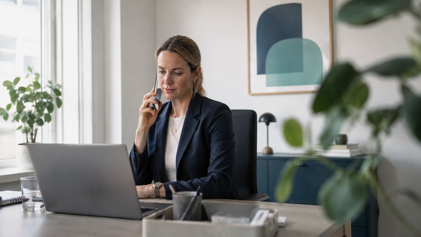 Rekryterare i telefonsamtal vid sin laptop på ett ljust kontor