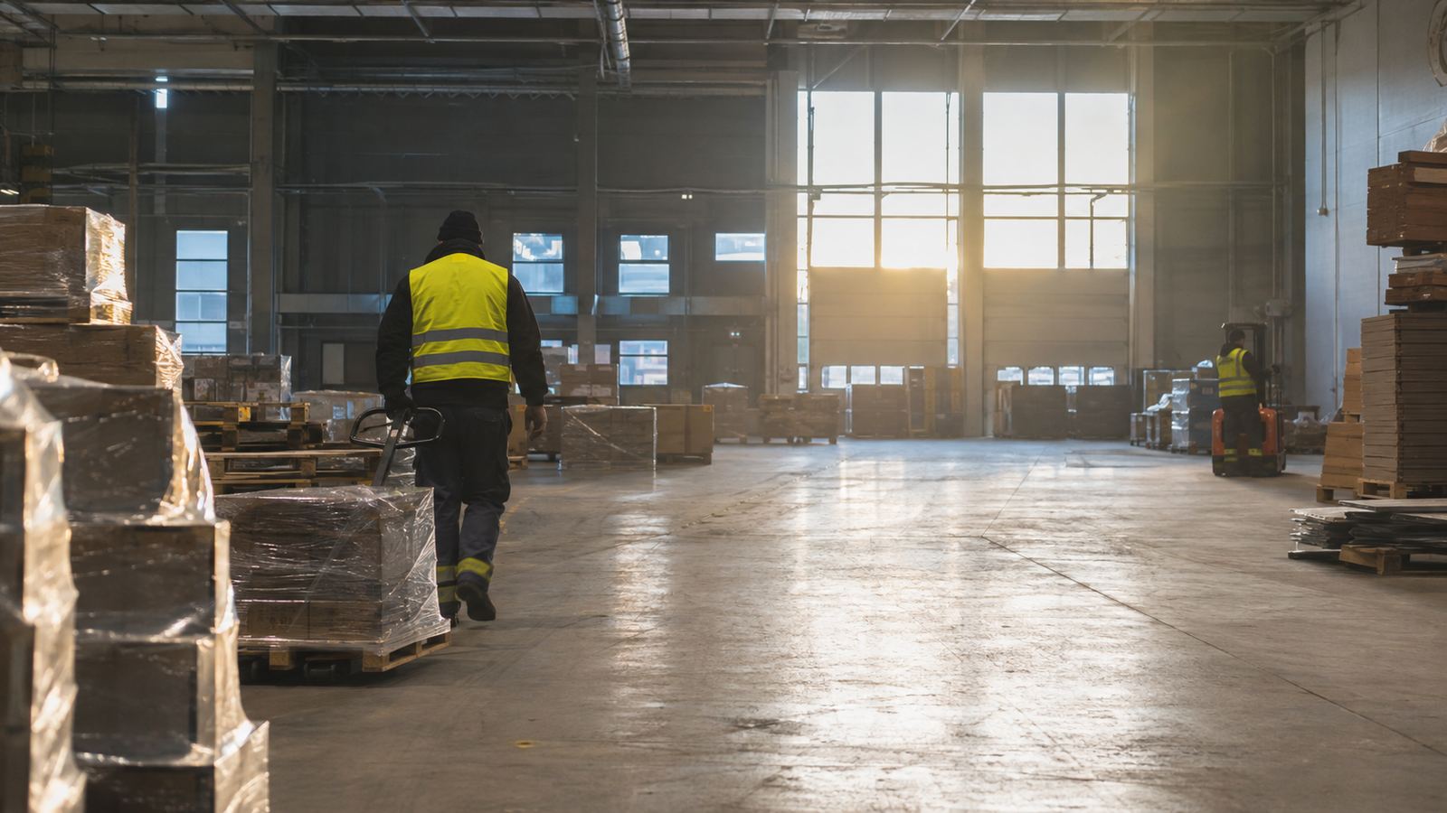Lagerarbetare i varselväst drar en pallyftare genom ett lager i tidigt morgonljus