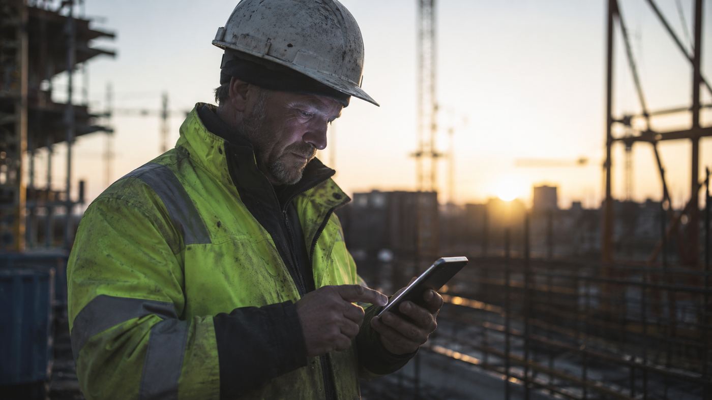 Byggarbetare i varseljacka registrerar sin arbetstid i mobilen på en byggarbetsplats i gryningen
