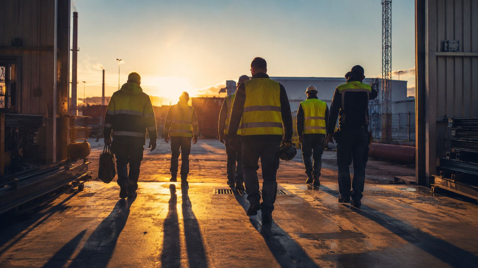 Ett arbetslag i varselvästar går tillsammans in på ett industriområde i soluppgången